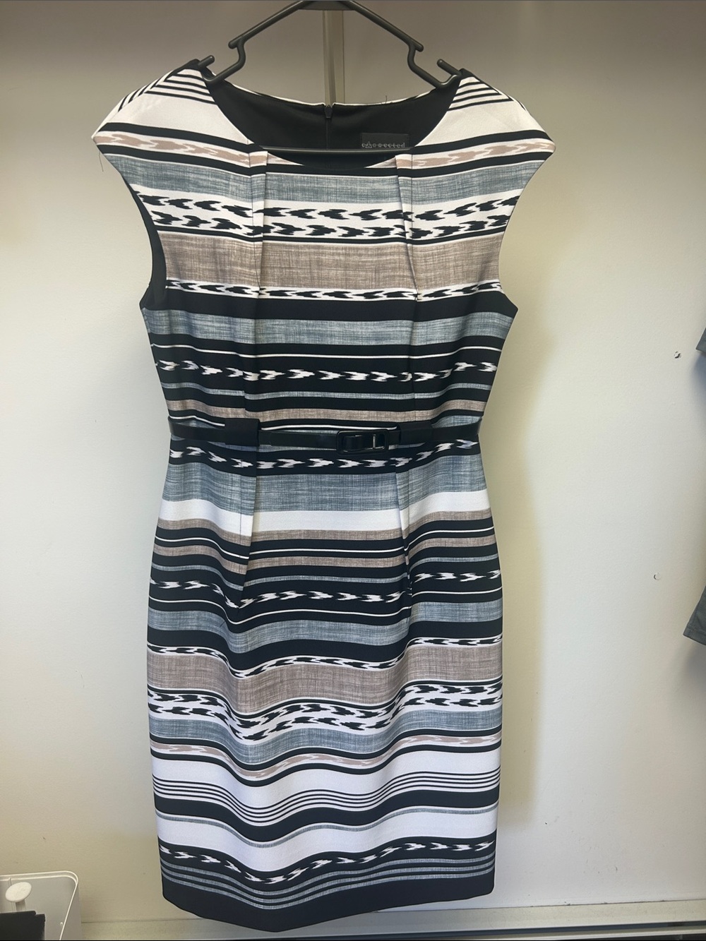 Striped Sheath Dress in Black, White & Taupe